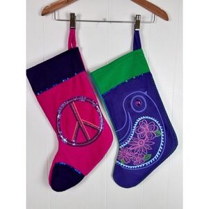 Old Navy Set 2 Christmas Stockings Pink Purple Peace Sign Bird‎ Holiday Decor